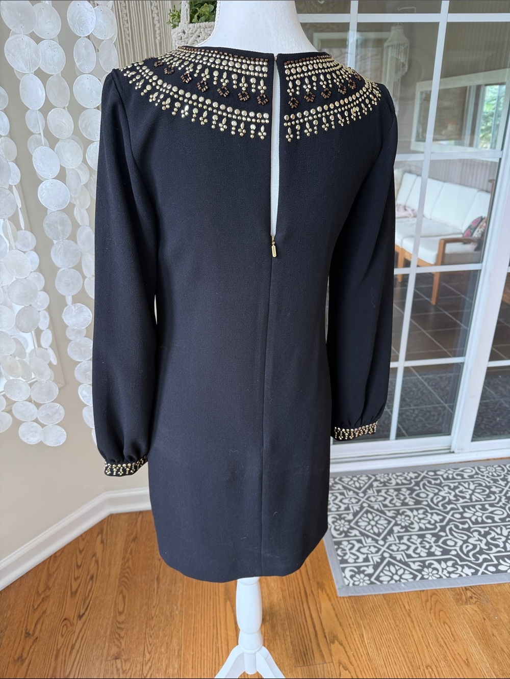 Trina Turk Womens Black Beaded Long Sleeve Shift Dress 0 Gold Detailing - Picture 7 of 13